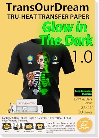 TransOurDream Heat Transfer Paper for Dark T Shirts (10 Sheets, 8.5x11'') Glow in THE Dark Iron on Transfers Paper Printable Heat Transfer Vinyl for Inkjet Printer