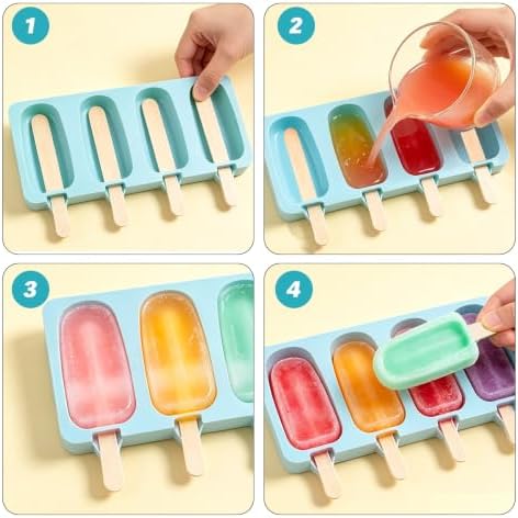 Popsicles Molds, 2Pcs Homemade Cake Pop Molds with Wooden Popsicles Sticks, Reusable Silicone Ice Pop Cream Cakesicle Maker Mold 4 Cavities for Home DIY Craft, Green & Blue