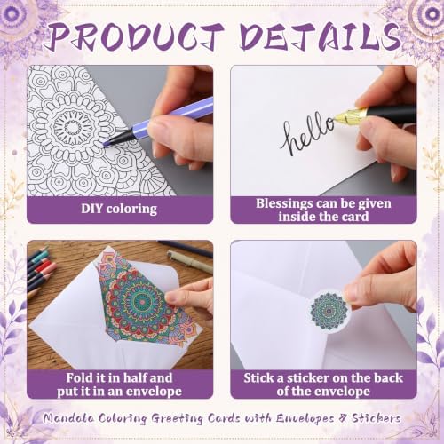 Gueevin 24 Pcs Mandala Coloring Greeting Cards with Envelopes and Stickers Floral Color Your Own Postcards 4 x 6 Flower Thank You Note Cards for Adults Wedding Birthday Gifting DIY Crafts Mailing