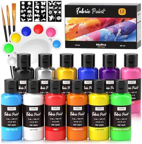 Nicpro 12 Colors Fabric Paint (1oz/30ml) with Brushes, Palette, Stencils