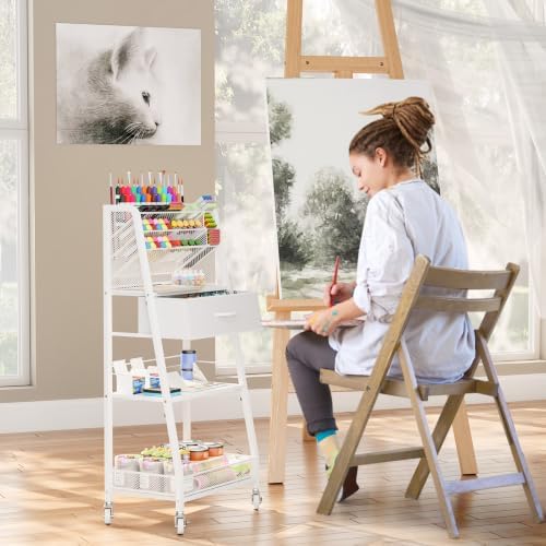 Homsorout 3 Tier Rolling Cart - Metal Utility Cart with Storage Drawer and Wheels, Versatile Art & Craft Organizer for Home, Office, or Studio - Ideal for Storing Brushes, Paints, and Supplies（White）