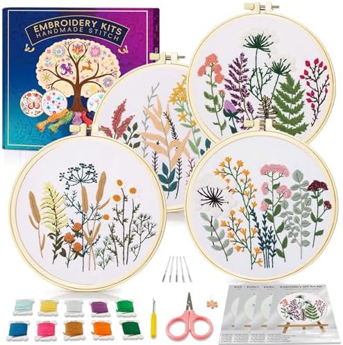 Huacan Embroidery Kit for Adults Beginners with 4 Hoops & Gift Box