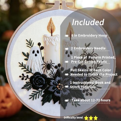 FONNUY Halloween Embroidery Kits for Beginners,Skull Pumpkin Spider Web Floral Stamped Cross Stitch Kit for Adults, Spooky Season Boho Wall Decor, 8'' Hoop (Candles)