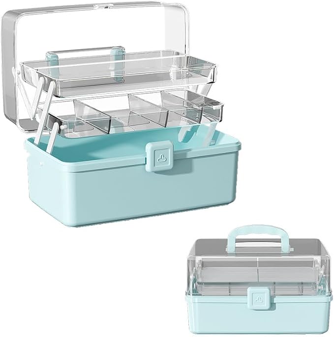 Large 3-Layer Craft Storage Box with Handle, Blue