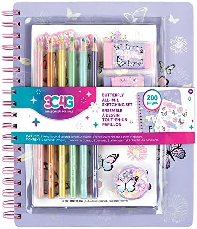 3C4G Butterfly All-in-1 Sketchbook Set - Girls Diary, Journal, Sketch Book for Kids with Pencils, Stickers & More - Drawing Kit for Kids - Unlined Diary for Girls - Kids Sketch Pad by Make It Real
