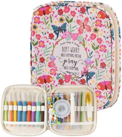 Crochet Hook Case,Portable Zipper Storage Organizer Bag for Crochet Hooks, Knitting Needles, Project & Sewing Supplies, Lightweight,Easy to Hold (No Accessories Included).Beige Butterfly