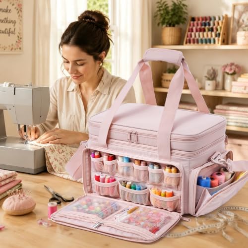 AMOIGEE Sewing Organizer Bag with 2 Clear Storage Boxes, Double Layer Sewing Storage Bag with Removable Pouches & Adjustable Dividers for Thread, Needles, Scissors, Embroidery Floss&Craft Accessories