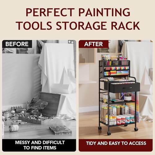 Homsorout Art cart, 3 Tier Rolling Cart - Utility Cart with Storage Drawer and Wheels, Versatile Art & Craft Organizer for Home, Office, or Studio Ideal for Storing Brushes, Paints (Black)