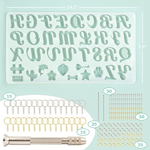 Mocoosy 182Pcs Fancy Alphabet Resin Molds Silicone Kit, Reversed Letter Keychain Epoxy Resin Casting Molds, Resin Key Chain Making Set with 1 Hand Drill 2 Drill Bits 30 Key Rings 100 Screw Pins