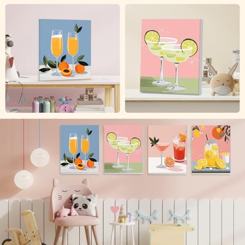 NEWENMO 4 Pack Paint by Numbers for Adults with Wooden Framed, Cocktail Kitchen, Paint by Number Kits on Canvas for Beginner, DIY Acrylic Oil Painting Kits for Home Decor 8x10 inch, Fruit Drink