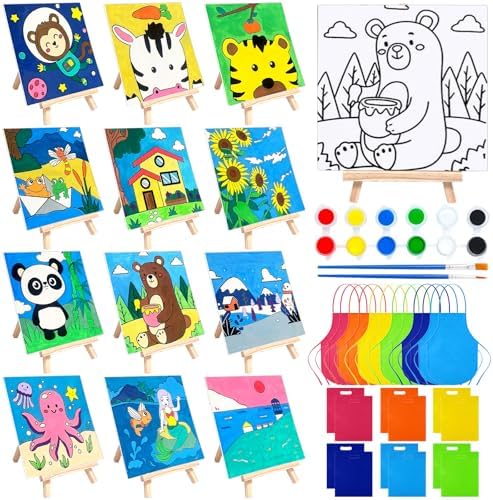 48PCS 12 Sets Printed Canvas Paint Art 12 Pcs Wooden Easel Set Paint Pots and Brushes and 12 Pre Drawn Canvas Panel 12 Pcs Mini Apron and Tote Bag for Kids(Cute)