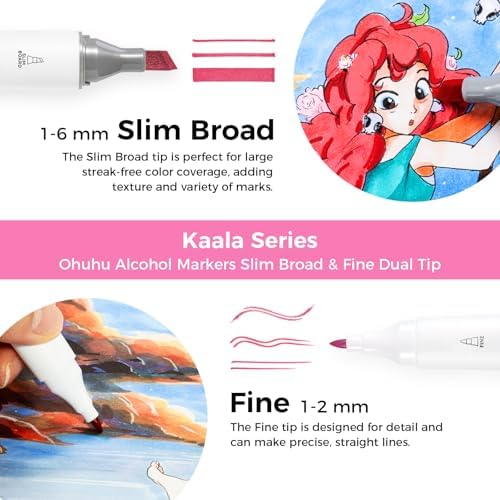 Ohuhu Alcohol Markers Fine& Slim Broad 60 Colors for Adult Beginners Artist