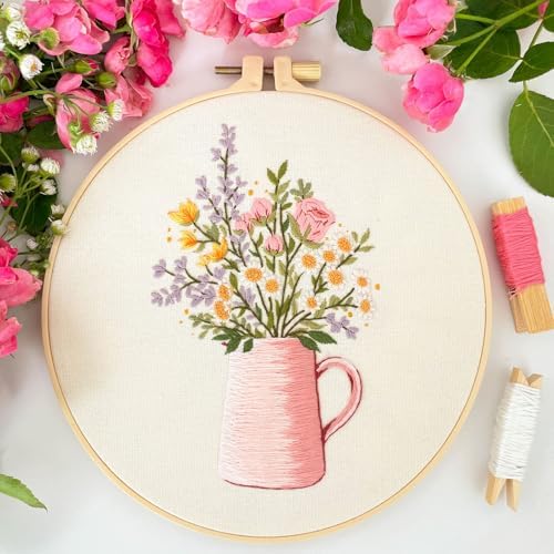 Myfelicity Embroidery kit,Floral Embroidery Art Kit, Set of 3, Decorative Pitcher Designs with Sunflowers and Wildflowers
