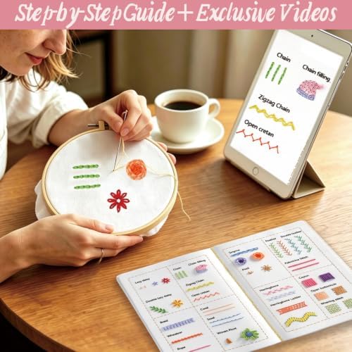 Bonroy Beginner Embroidery Stitch Book with Fabric Pages, Essential Stitches in Structured Learning Order for Adults, DIY Sewing Kit with Floral Motifs, Practice Patterns
