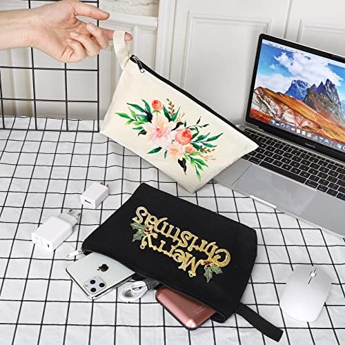 10 Pieces Cotton Canvas Makeup Bag with Bottom, Multi-Purpose Cosmetic Bag with Zipper Travel Toiletry Pouch, Blank DIY Craft Bag Pencil Bag (S, Black) (MN-WB07)