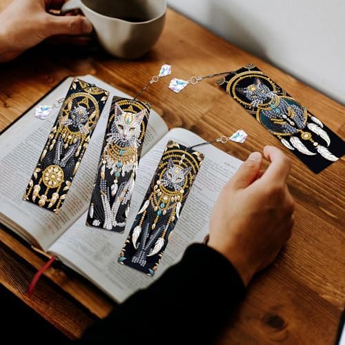 4-Piece Dreamcatcher Cat Diamond Painting Bookmarks Set for Adults – DIY 5D Rhinestone Art Bookmark Kits with Tassels, Beautiful Diamond Art Bookmarks for Crafts and Gifts