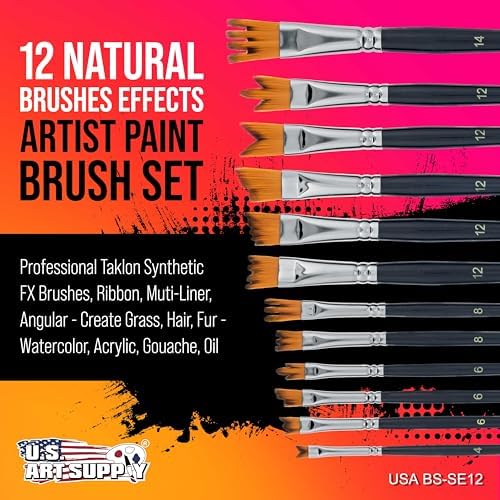 U.S. Art Supply 12 Piece Special Effects Artist Paint Brush Set - Professional Taklon Synthetic FX Brushes, Ribbon, Muti-Liner, Angular - Create Grass, Hair, Fur - Watercolor, Acrylic, Gouache, Oil