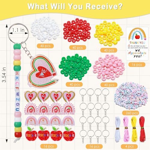 Tuhangcc Unique Design 16 Sets Teacher DIY Charm Bead Keychain Kit with 10 A-Z Letter Beads 16 Charms & Greeting Card for Teacher Day Gift (Teacher's Day)