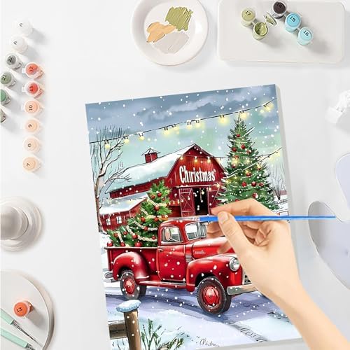 SENQAO Christmas Paint by Numbers for Adults Framed, Red Truck Farmhouse Adults' Paint-by-Number Kits, Adult Paint by Number Kits on Canvas, Acrylic Number Painting for Home Decor, 8x12inch