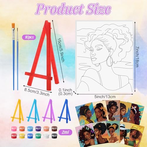 Blosssound 10 Set Pre Printed Canvas Pre Drawn Canvas Painting with Easel Kits 5" x 7" Outline Painting Panels for Beginners, DIY Craft Project, Home Decors(Black Women)