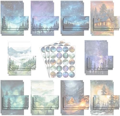 TaoBary 160 Pcs Stationery Paper Kit 50 Double Sided Stationery Papers with 50 Matching Envelopes and 60 Round Dot Sticker, 10 Design(whimsical Watercolor Illustration Starry Night, 8.5 x 11 Inch)