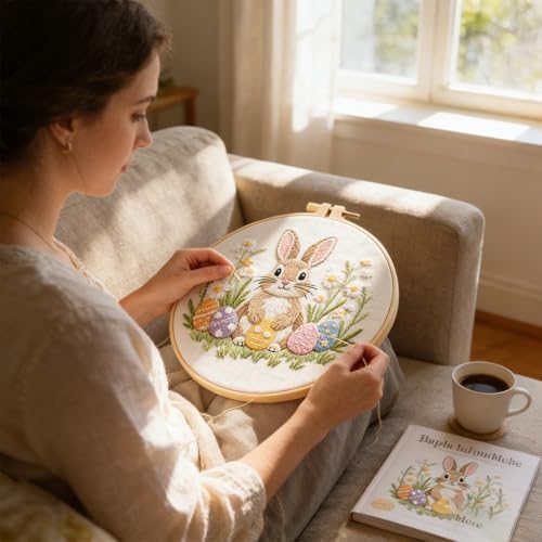 BoAn Rabbit Embroidery Kit for Beginners, DIY Cross Stitch Kit with Hoop