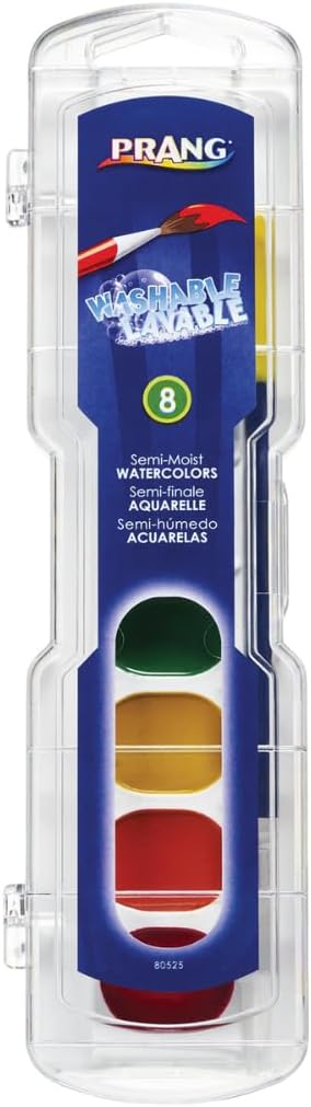 Prang Washable Semi-Moist Watercolors Oval Pan Set with Size 6 Paintbrush, Non-Refillable, 8 Assorted Colors, Pack of 6