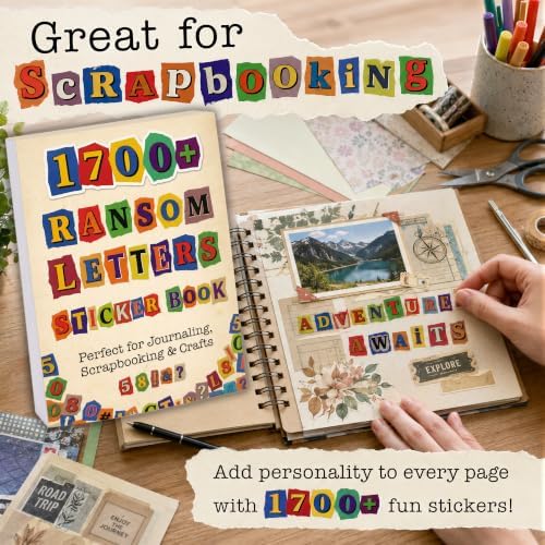 1700+Pcs Alphabet Sticker Book for Scrapbook Album, Ransom Note Stickers No Repeats, 32 Sheets Magazine Letters Die-cut for Junk Journal Supplies, Large stickers for Scrapbooking Card Making DIY Craft