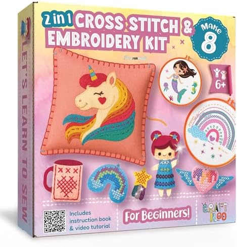 2-in-1 Cross Stitch & Embroidery Kit for Kids - 8 Beginner Projects