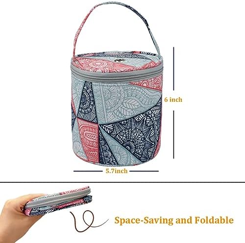 mini yarn storage small size yarn bag for crocheting with holes,empty round knitting tote bags protable yarn holder,perfect for travel,beginner & crocheter(Blue Geometry)