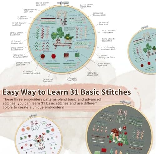 KintKita Embroidery Kit for Adults Beginners, 3 Stages to Learn 31 Basic Embroidery Stitches Practice Cross Stitch Kits for Beginners with Embroidery Patterns, Hoop,Threads,Tools