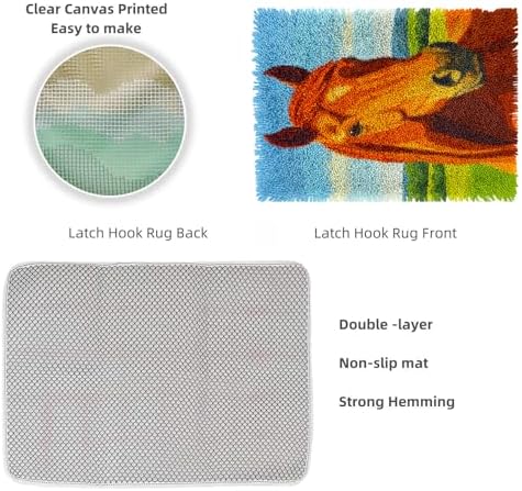 Latch Hook Rug Kit Brown Horse Head Portrait Pre-Printed Handmade Carpet Crochet Yarn Craft DIY Hook and Latch Door Mat Tapestry for Home Floor Decoration 52x38cm-4
