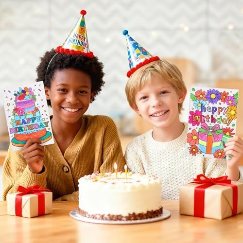 Birthday Coloring Cards, 24 Unique Blank Greeting Card Set with Cakes, Flowers & Gifts, DIY Art Craft for Kids, Adults, Holiday Gift Ideas for Mom, Friends, Thank You & Greeting Card Collection