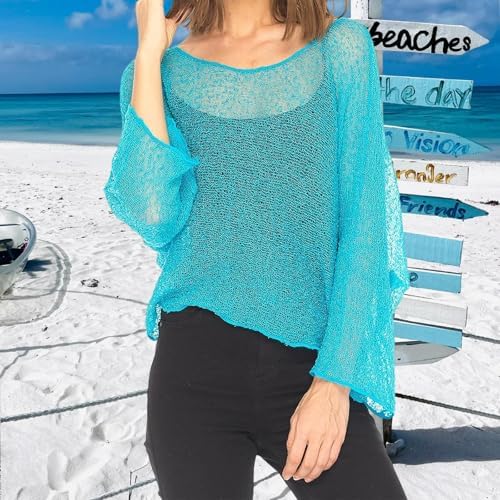 Nicoxijia Women Y2K Sheer Knit Poncho Top Lightweight Summer Beach Knit Shrug Shawl Bolero Off Shoulder Mesh Sweater Cover Up