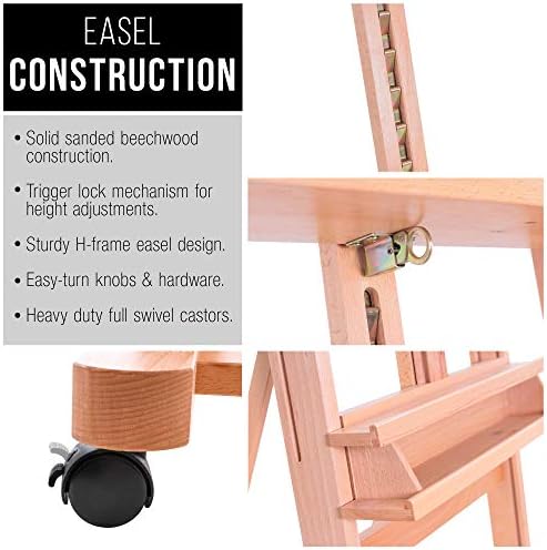 U.S. Art Supply Medium Wooden Studio H Frame Easel with Storage Tray | Also includes Wheels - Adjustable to 96" High, Holds 48" Canvas - Beechwood Artist Easel for Painting, Art Display, Portraits