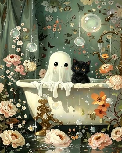 Cute Bathing Ghost and Cat Paint by Numbers Kit for Adults 16 X 20 Inch