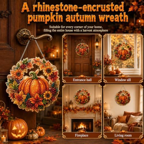 Autumn Harvest Pumpkin Diamond Art Hanging Ornament Kit, Halloween Diamond Art Hanging Kits, DIY Diamond Art Hanging Sign, Acrylic Diamond Painting Window Hanging Decor for Home, Garden,Porch,Mantel