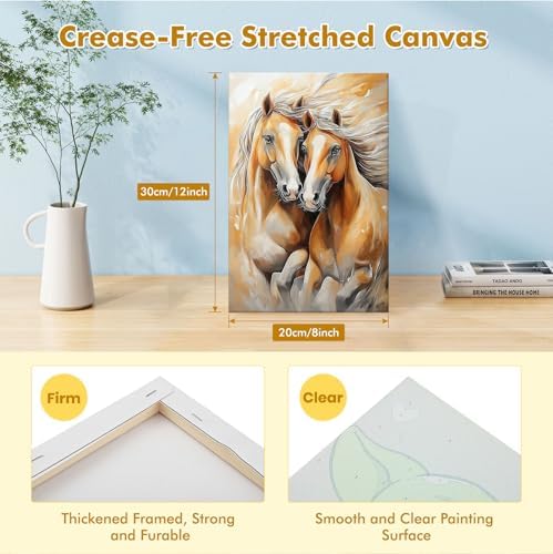Bowetile Framed Paint by Numbers Horse for Adults Beginners, Adults' Paint-by-Number Horse Kits, Easy Adult Paint by Number Kits on Canvas, Acrylic Animals Number Painting for Home Decor, 8x12in
