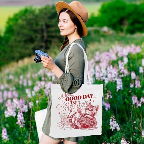 Crochet Knitting Humor Yarn Gifts Canvas Tote Bag, Reusable Grocery Shopping Bags for Crocheters Christmas