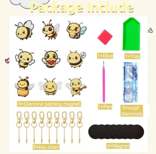 Bulerrylulu 9 Pcs Bee Diamond Painting Magnets Kits Cat Fridge Magnet Stickers Diamond Art Painting Keychains Gem Painting kit for Beginners Adults DIY Art Craft Gifts Home Decors