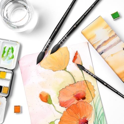 Watercolor Brushes Set, 3Pcs Fuumuui Round Quill Mop Fine Tips Watercolor Paint Brush, Soft Synthetic Squirrel Bristles, Short Handles for Watercolor Gouache Ink Painting - Sizes #2 6 8