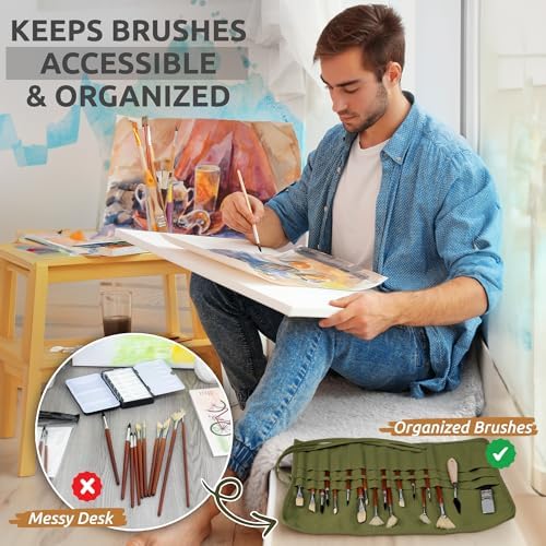 DUGATO 30-Slot Roll-Up Canvas Brush Holder with Lay-Flat Design, Army Green