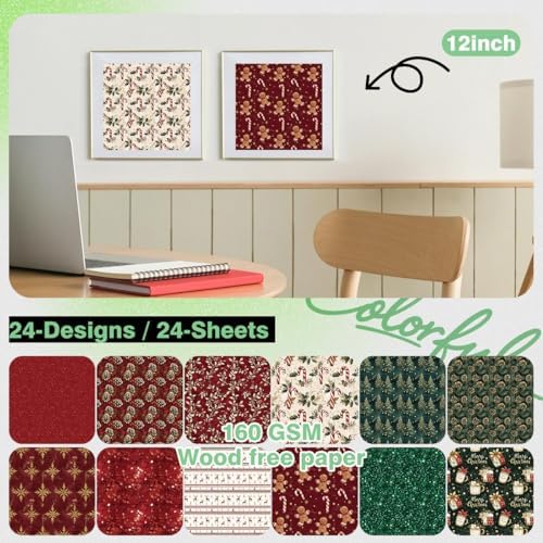 Christmas Scrapbook Paper 12 x 12 - 24 Sheets Double Sided Printing Christmas Pattern Paper Set, Decorative Paper for Card Making Scrapbook Decoration