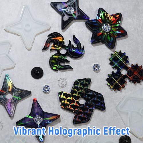 NiArt Fidget Spinner Epoxy Resin Molds Set, 5 Holographic Silicone DIY Kit | Rainbow Texture, 15 Bearings & Caps, Storage Box For Casting Craft Projects, Stress Relief Toys