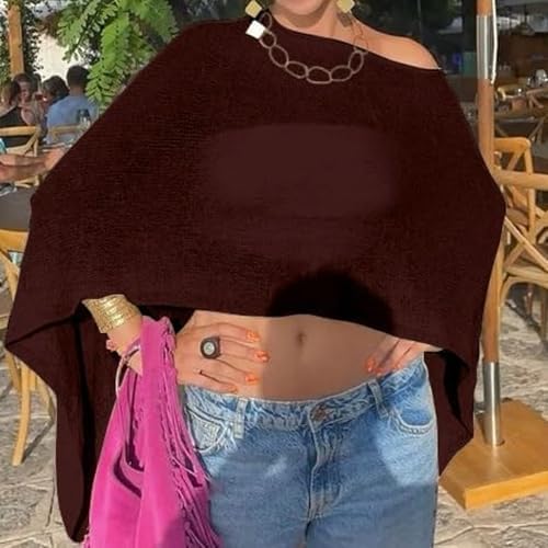 Nicoxijia Women Y2K Sheer Knit Poncho Top Lightweight Summer Beach Knit Shrug Shawl Bolero Off Shoulder Mesh Sweater Cover Up