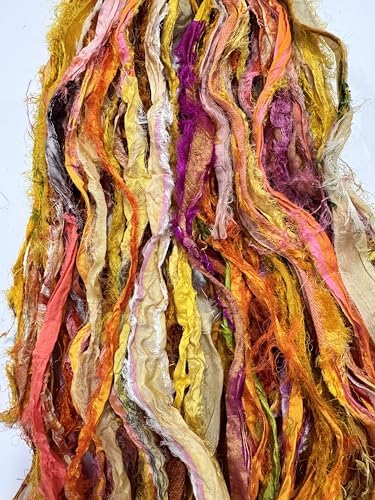 Maker's Craft Recycled Fuzzy Fringes Sari Silk Ribbon Yarn 35yards, 100Grams for DIY Knitting Crocheting Gift Wrapping, Christmas Decoration, Macrame Makers, Jewelry Making, Rugs Hooking (Yellow)