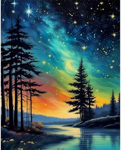 Starry Sky Paint by Numbers for Adults, Landscape Paint by Number on Canvas
