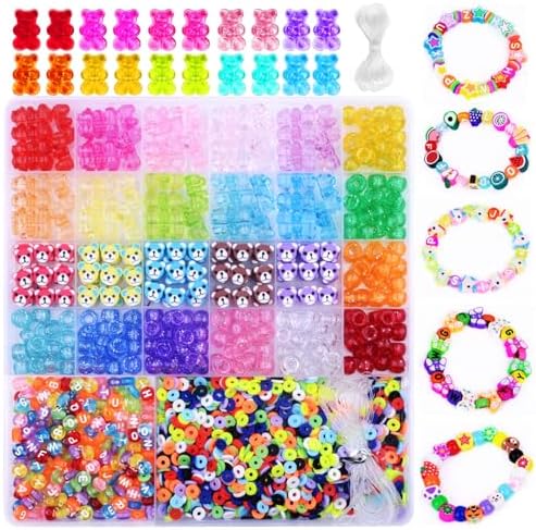 BBita 2480pcs Acrylic Bear Polymer Clay Beads Charms for Bracelets Making Kit Cute Fun Charms Beads Friendship Bracelet Making DIY Arts Crafts Birthday Gifts Toys for Kids Girls