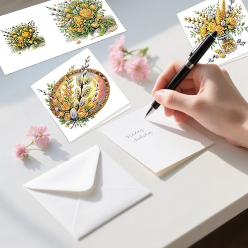 6pcs 5D DIY Diamond Painting Kit Greeting Card, Yellow Flower Diamond Handmade Greeting Card with Envelope, Holiday Gift Congratulations