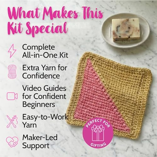 Tunisian Crochet Dishcloth Kit for Beginners - Camel Brown + Flamingo Pink